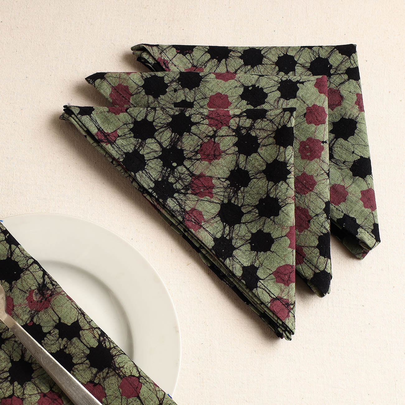  Set of 4 - Green Hand Batik Printed Cotton Table Napkins