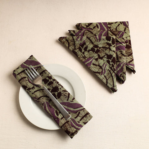 Set of 4 - Green Hand Batik Printed Cotton Table Napkins