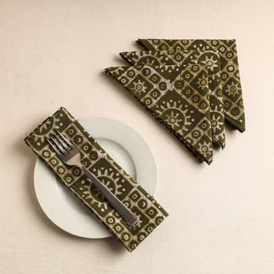 Set of 4 - Green Hand Batik Printed Cotton Table Napkins