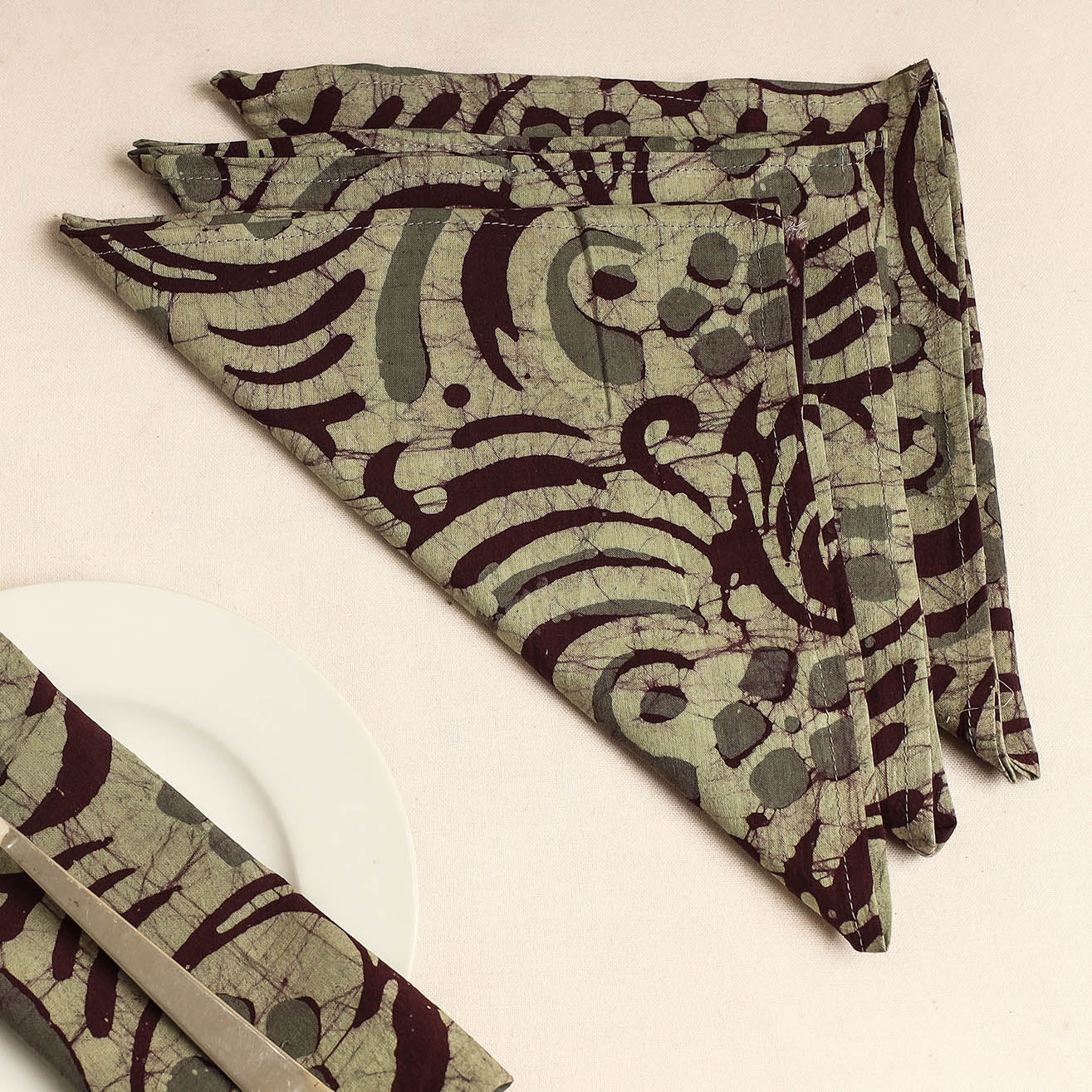 Set of 4 - Green Hand Batik Printed Cotton Table Napkins