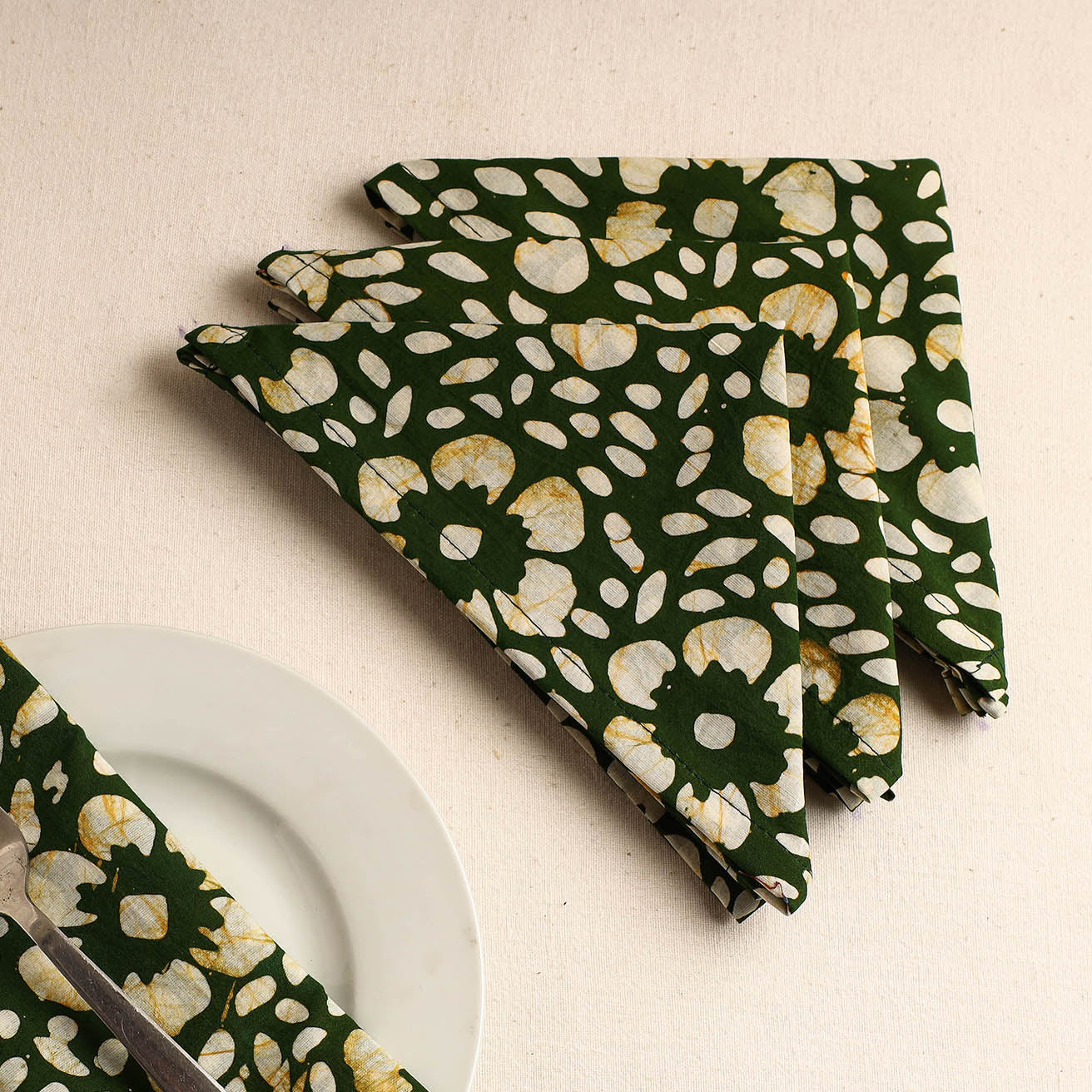  Set of 4 - Green Hand Batik Printed Cotton Table Napkins