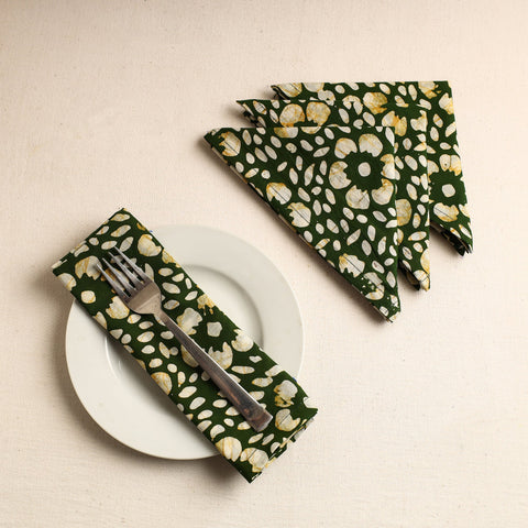 Set of 4 - Green Hand Batik Printed Cotton Table Napkins