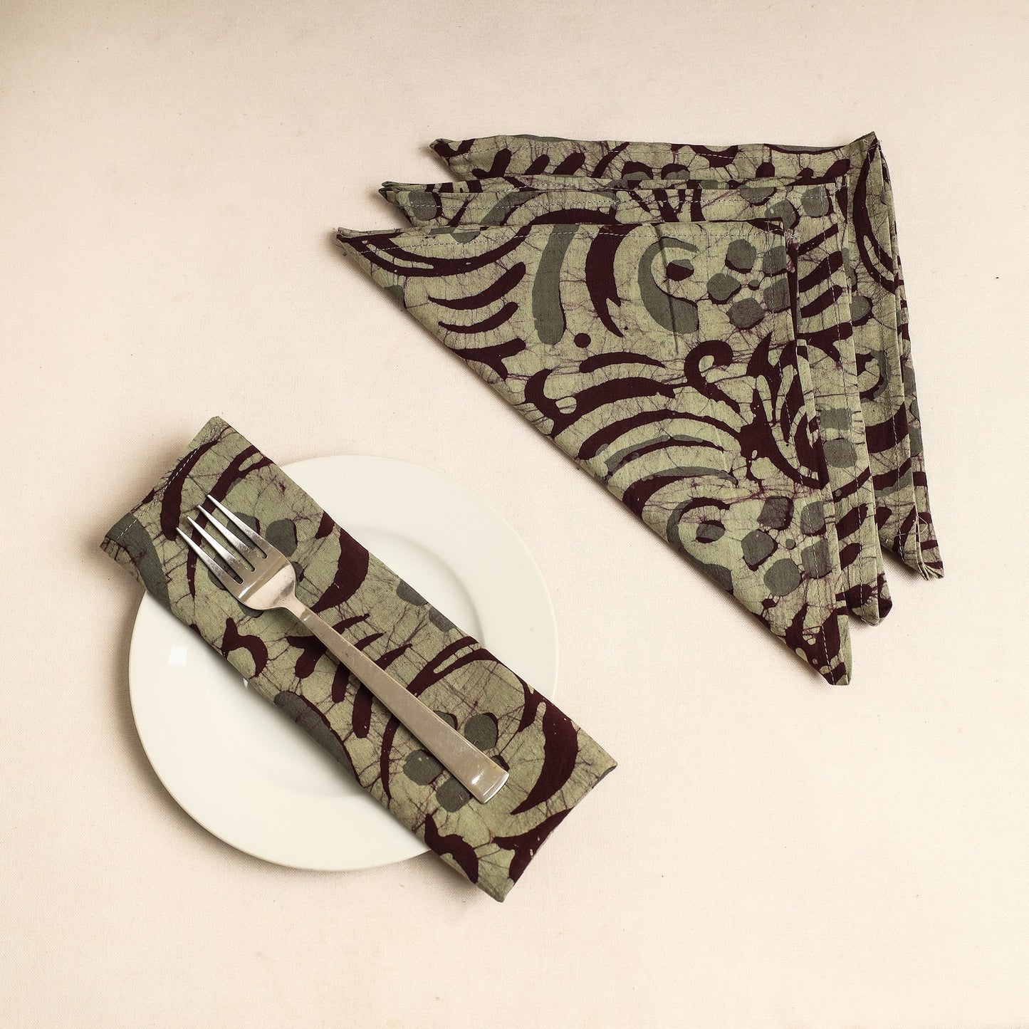 Set of 4 - Green Hand Batik Printed Cotton Table Napkins