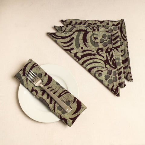 Set of 4 - Green Hand Batik Printed Cotton Table Napkins