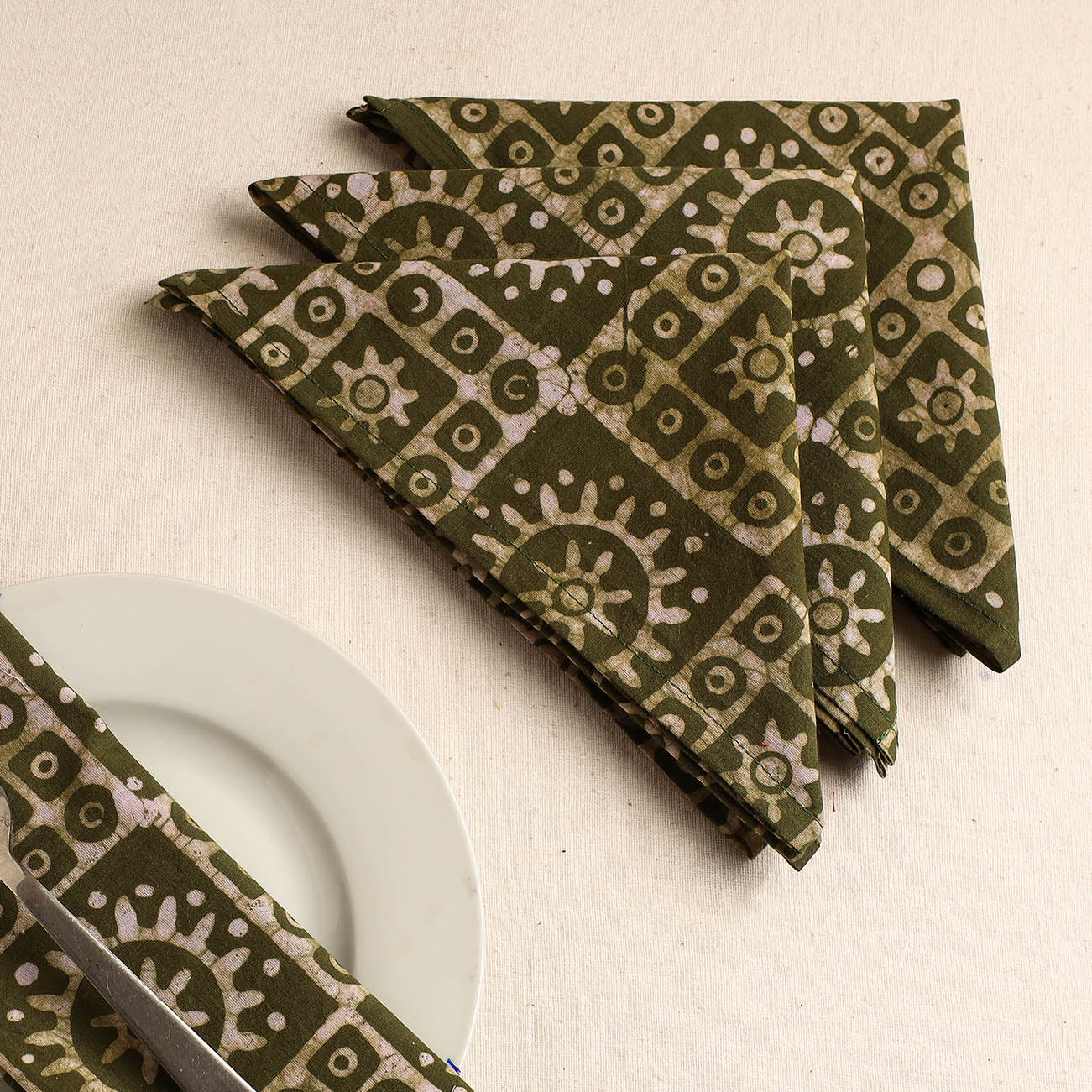 Set of 4 - Green Hand Batik Printed Cotton Table Napkins