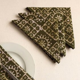 Set of 4 - Green Hand Batik Printed Cotton Table Napkins