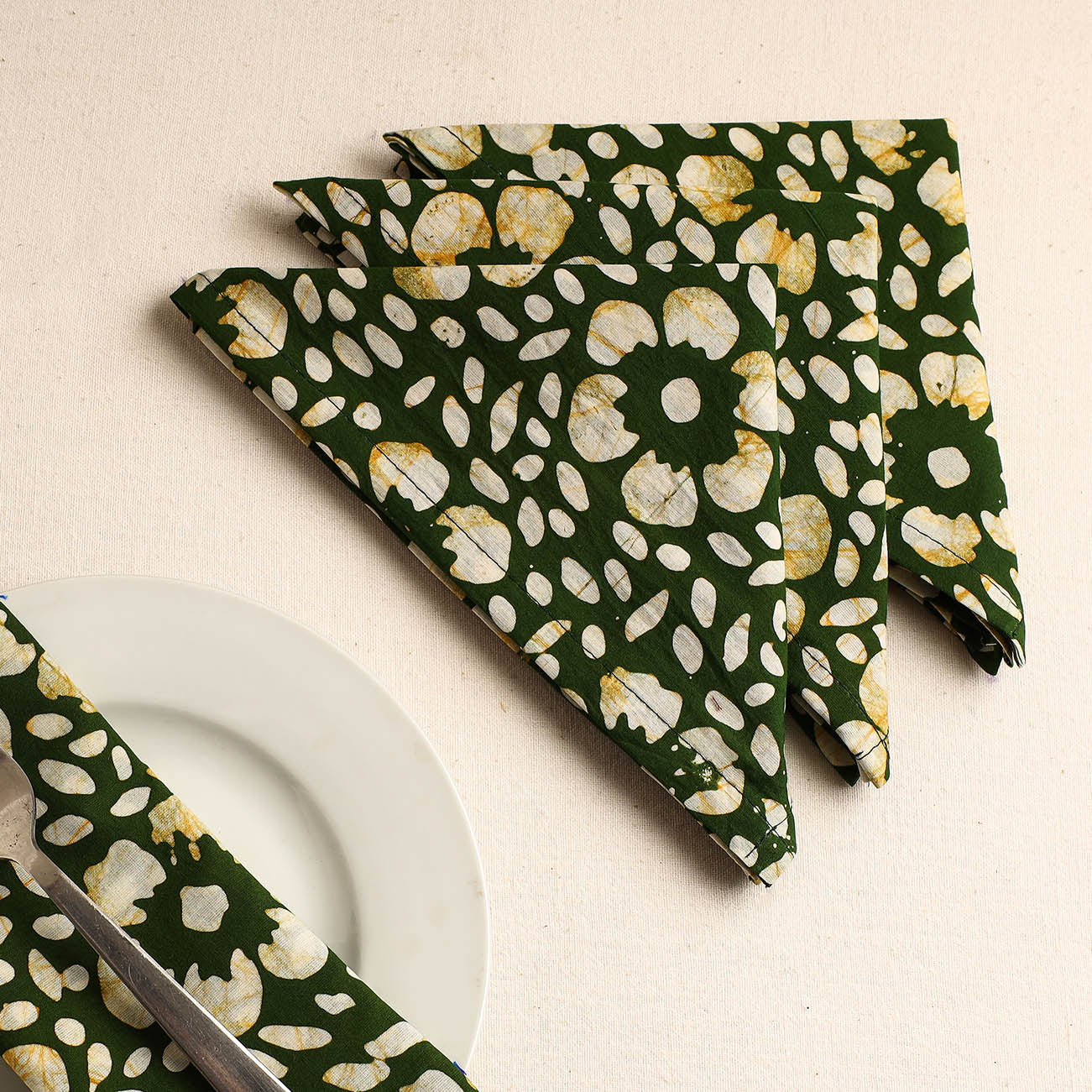 Set of 4 - Green Hand Batik Printed Cotton Table Napkins