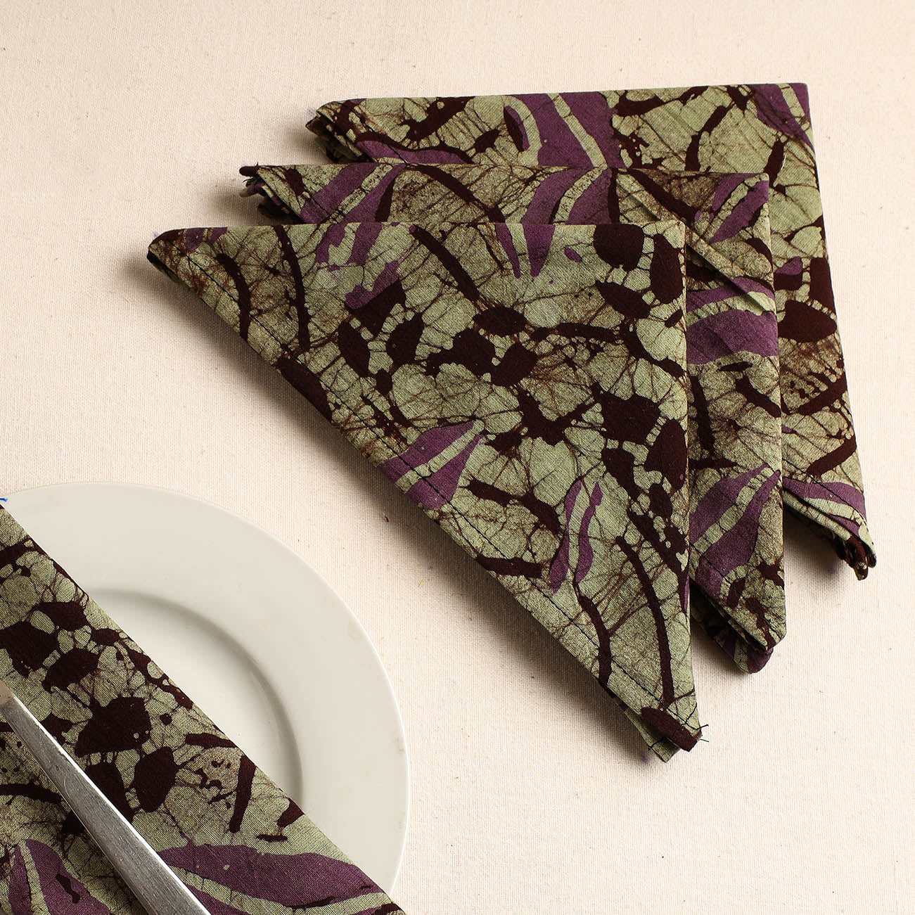 Set of 4 - Green Hand Batik Printed Cotton Table Napkins