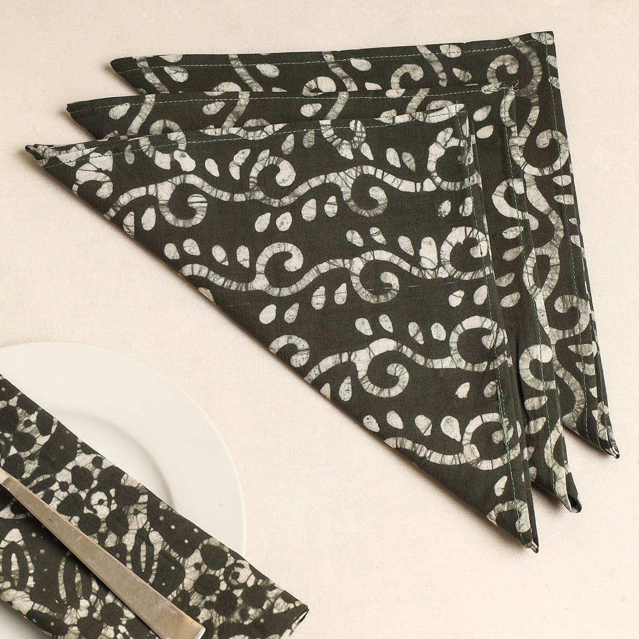  Set of 4 - Green Hand Batik Printed Cotton Table Napkins
