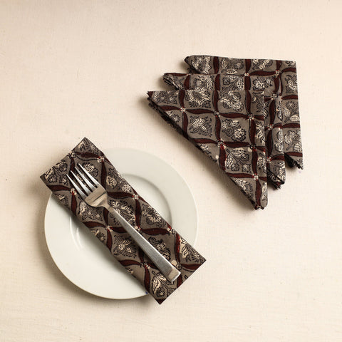 Set of 4 - Grey Bagru Block Printed Cotton Table Napkins