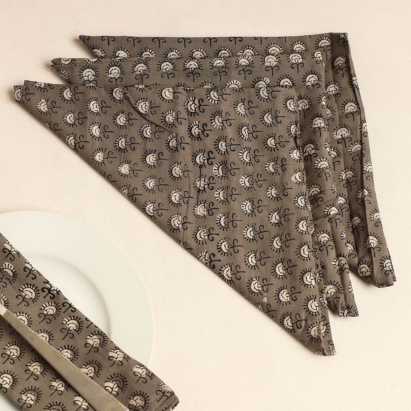 Set of 4 - Grey Bagru Block Printed Cotton Table Napkins