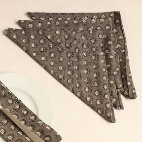Set of 4 - Grey Bagru Block Printed Cotton Table Napkins