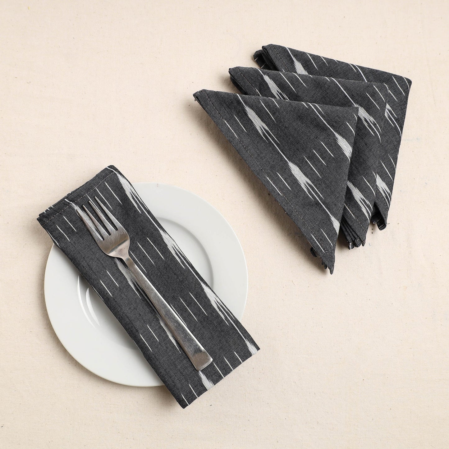 Set of 4 - Grey Pochampally Ikat Weave Cotton Table Napkins