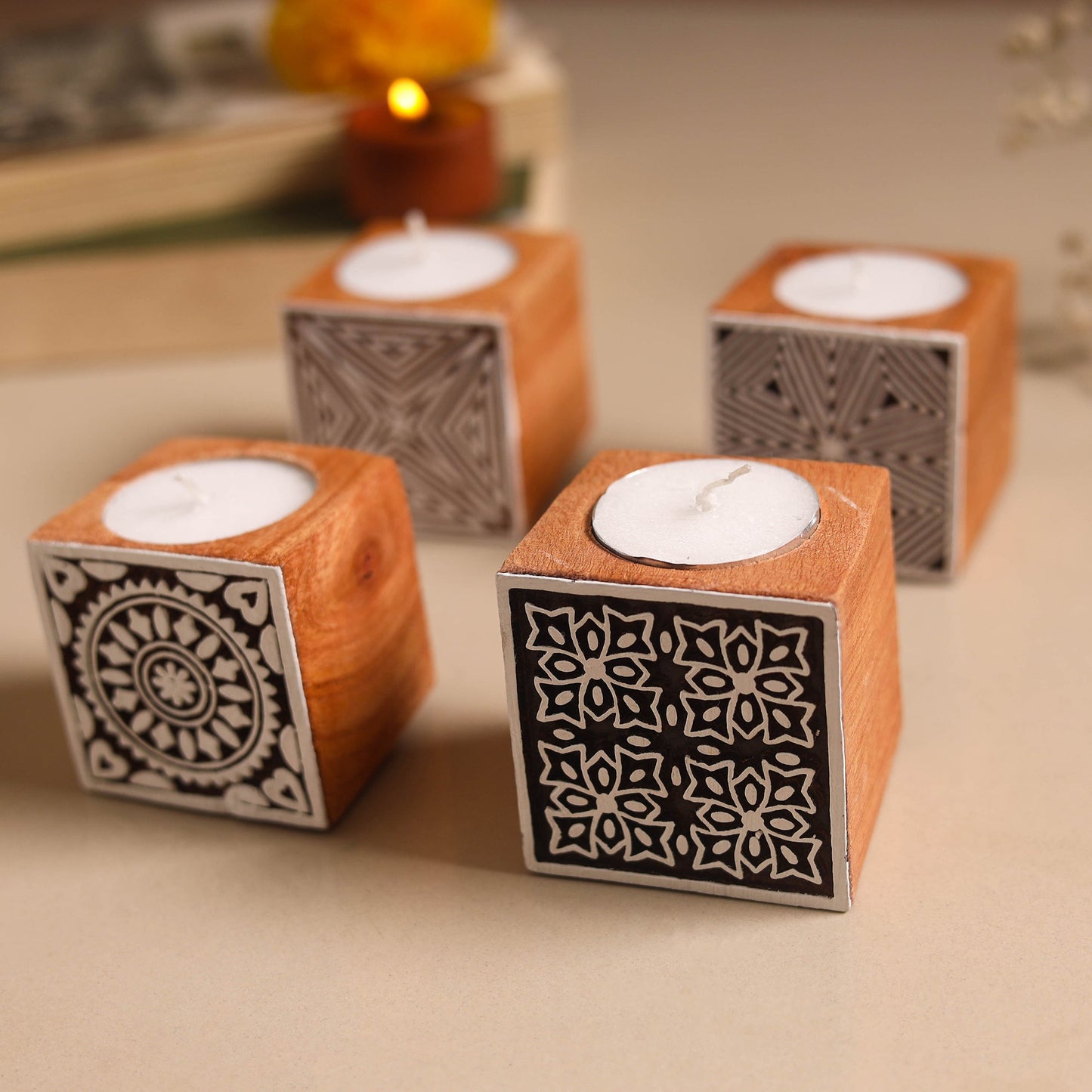 Set of 4 hand carved bakayan wood tealight candle holder 15