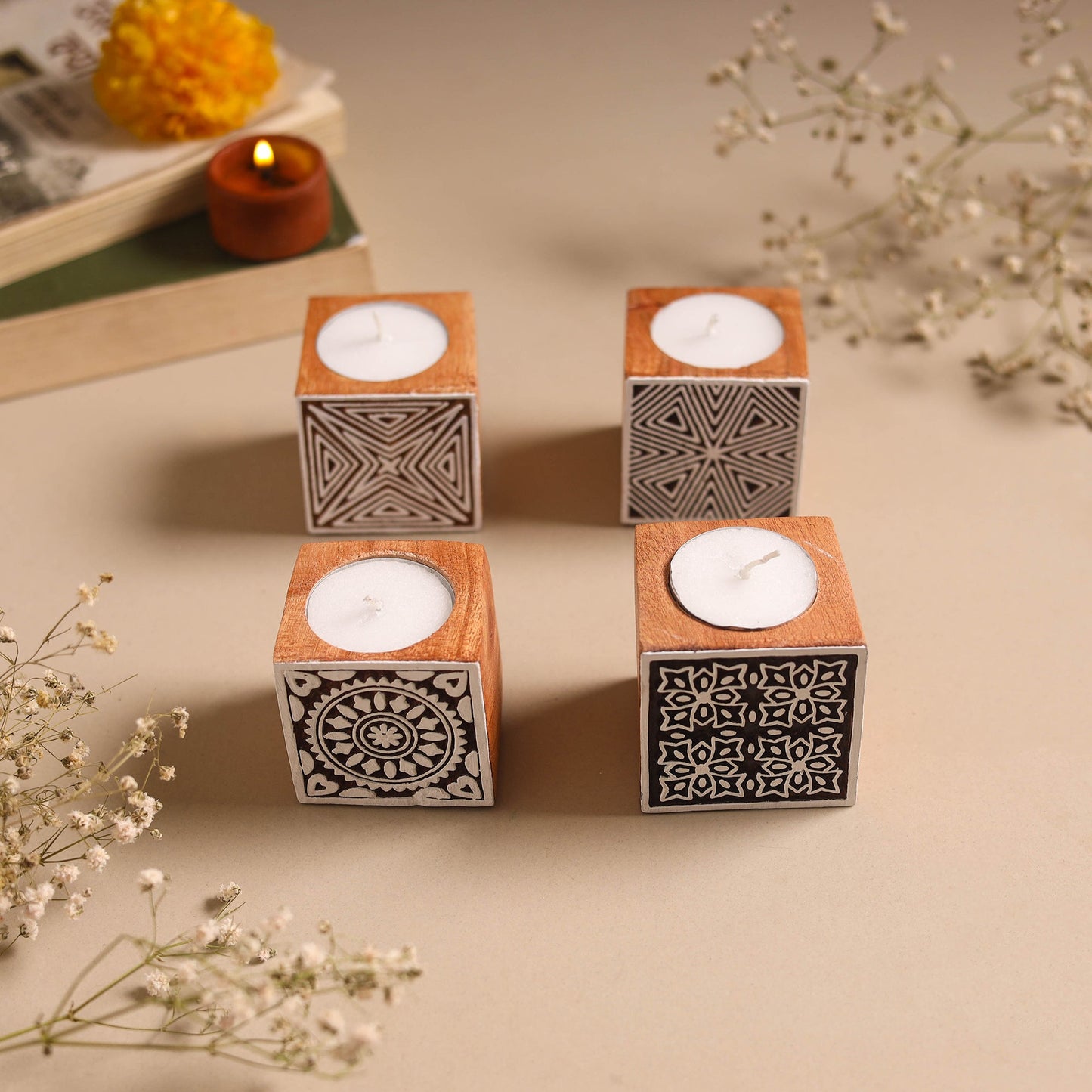 Set of 4 hand carved bakayan wood tealight candle holder 15