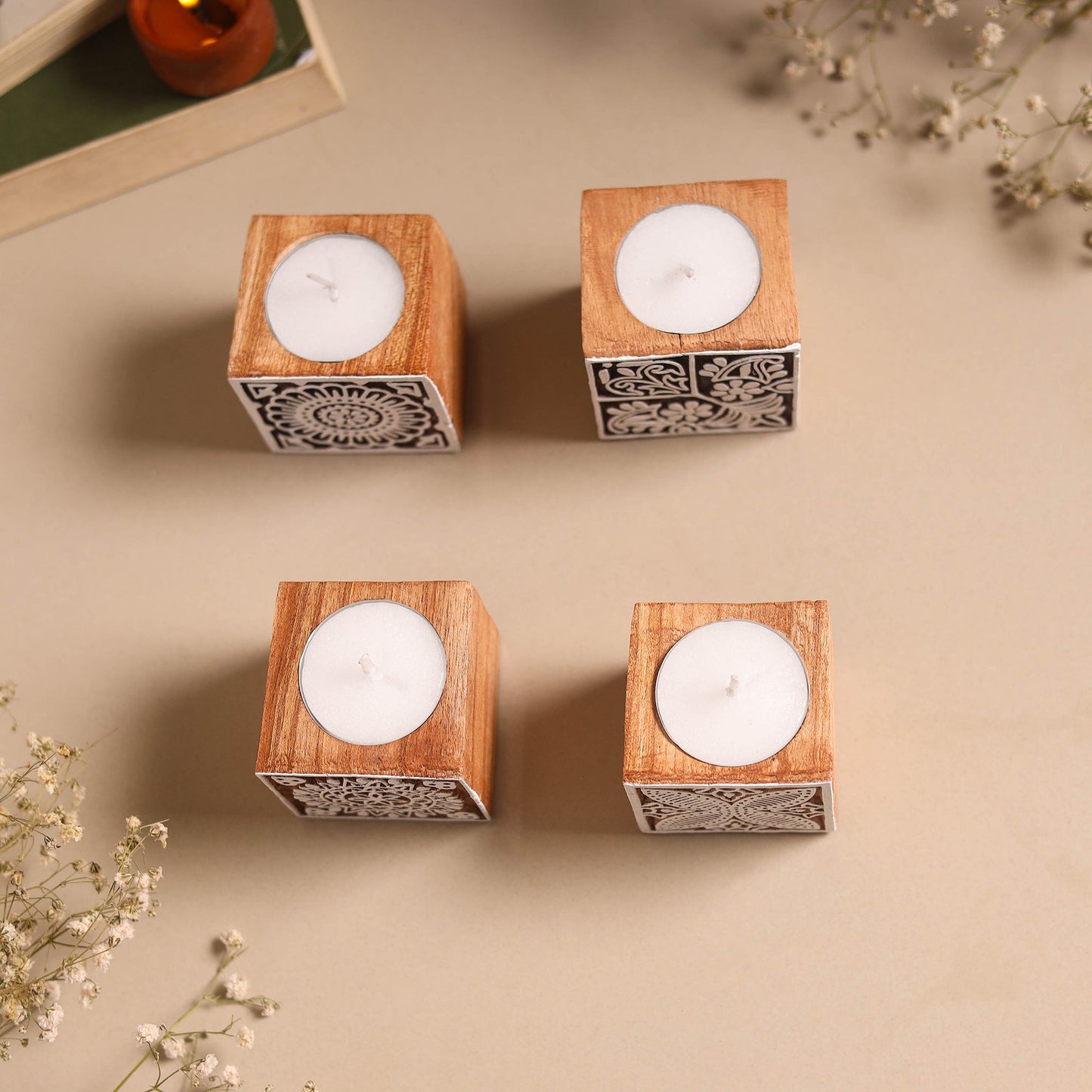 Set of 4 hand carved bakayan wood tealight candle holder 16