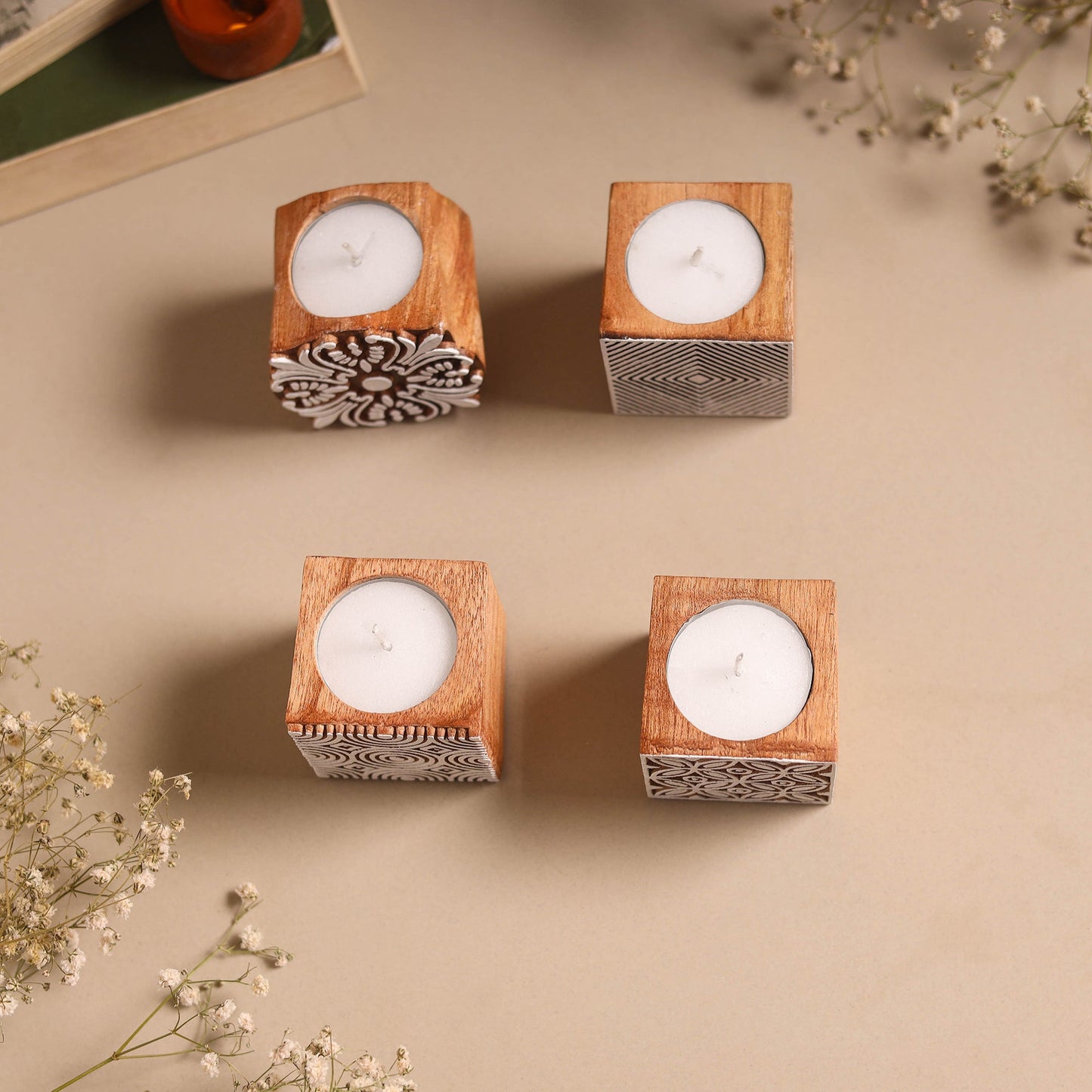 Set of 4 hand carved bakayan wood tealight candle holder 17