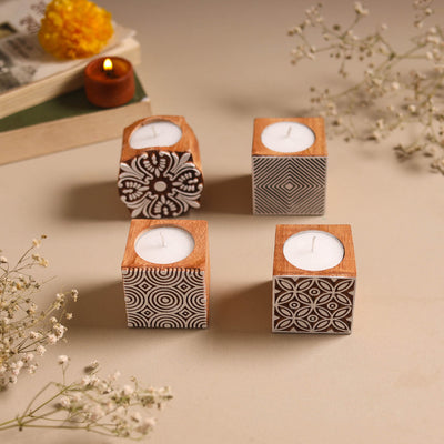 Set of 4 hand carved bakayan wood tealight candle holder 17