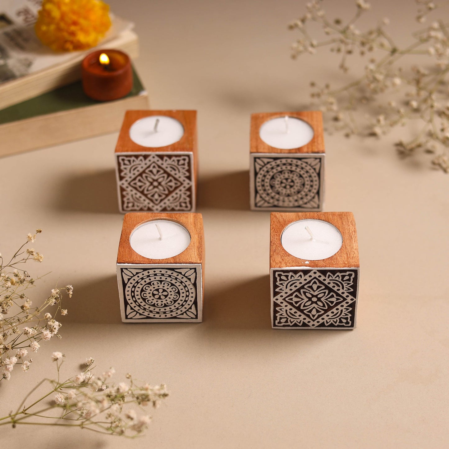 Set of 4 hand carved bakayan wood tealight candle holder 19