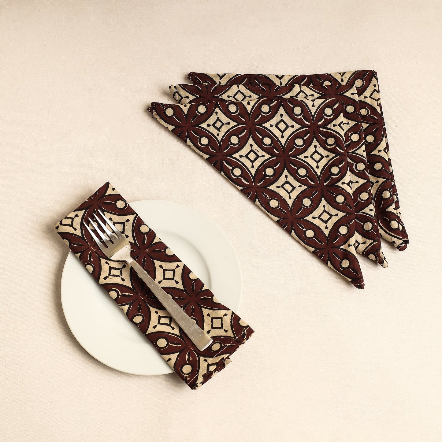 Set of 4 - Maroon Bagru Block Printed Cotton Table Napkins
