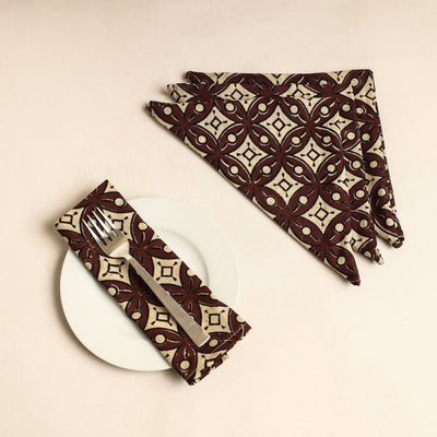 Set of 4 - Maroon Bagru Block Printed Cotton Table Napkins