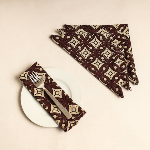 Set of 4 - Maroon Bagru Block Printed Cotton Table Napkins