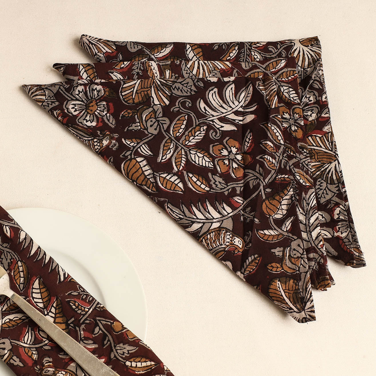 Set of 4 - Maroon Bagru Block Printed Cotton Table Napkins
