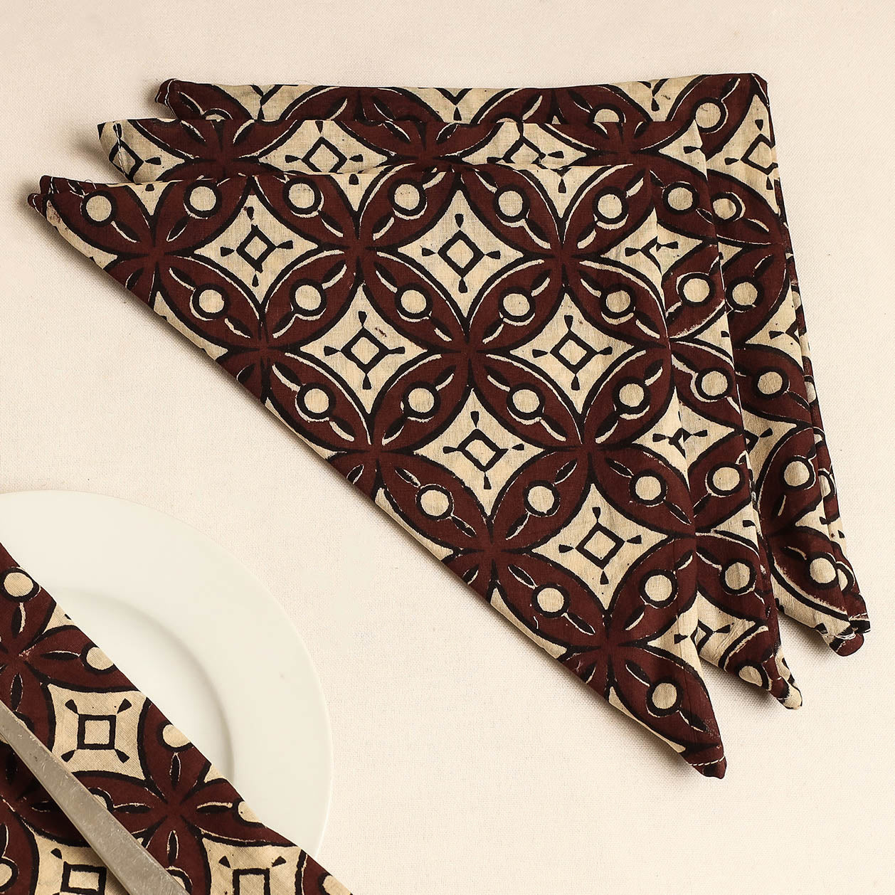 Set of 4 - Maroon Bagru Block Printed Cotton Table Napkins