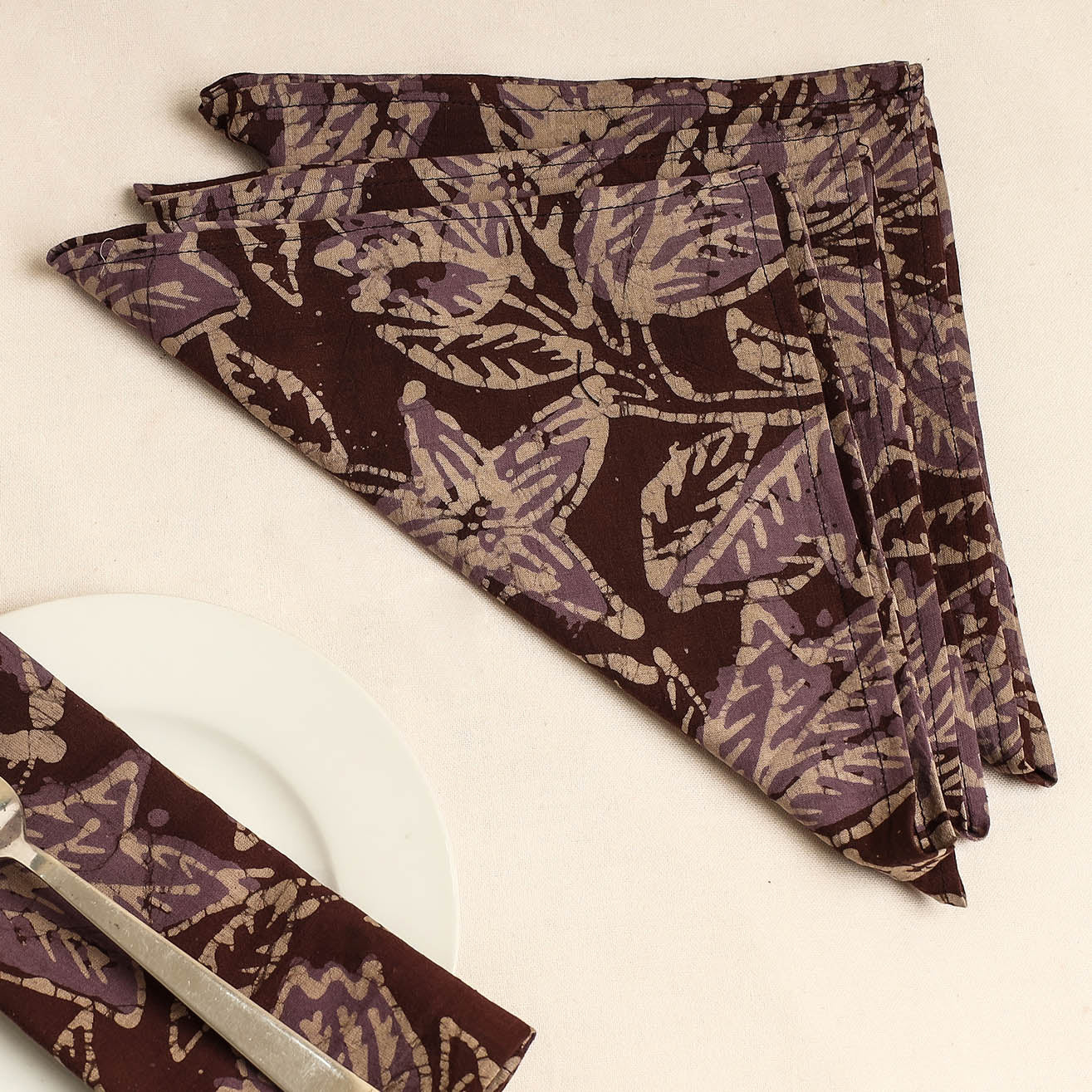 Set of 4 - Maroon Hand Batik Printed Cotton Table Napkins