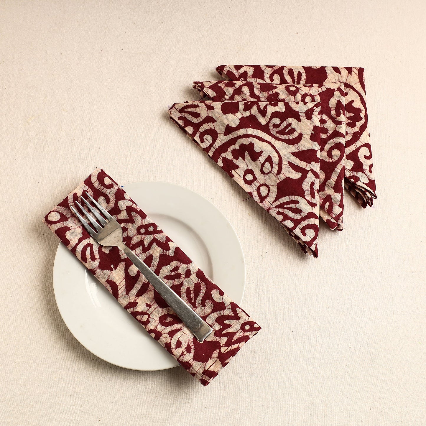 Set of 4 - Maroon Hand Batik Printed Cotton Table Napkins