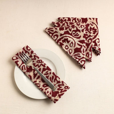 Set of 4 - Maroon Hand Batik Printed Cotton Table Napkins