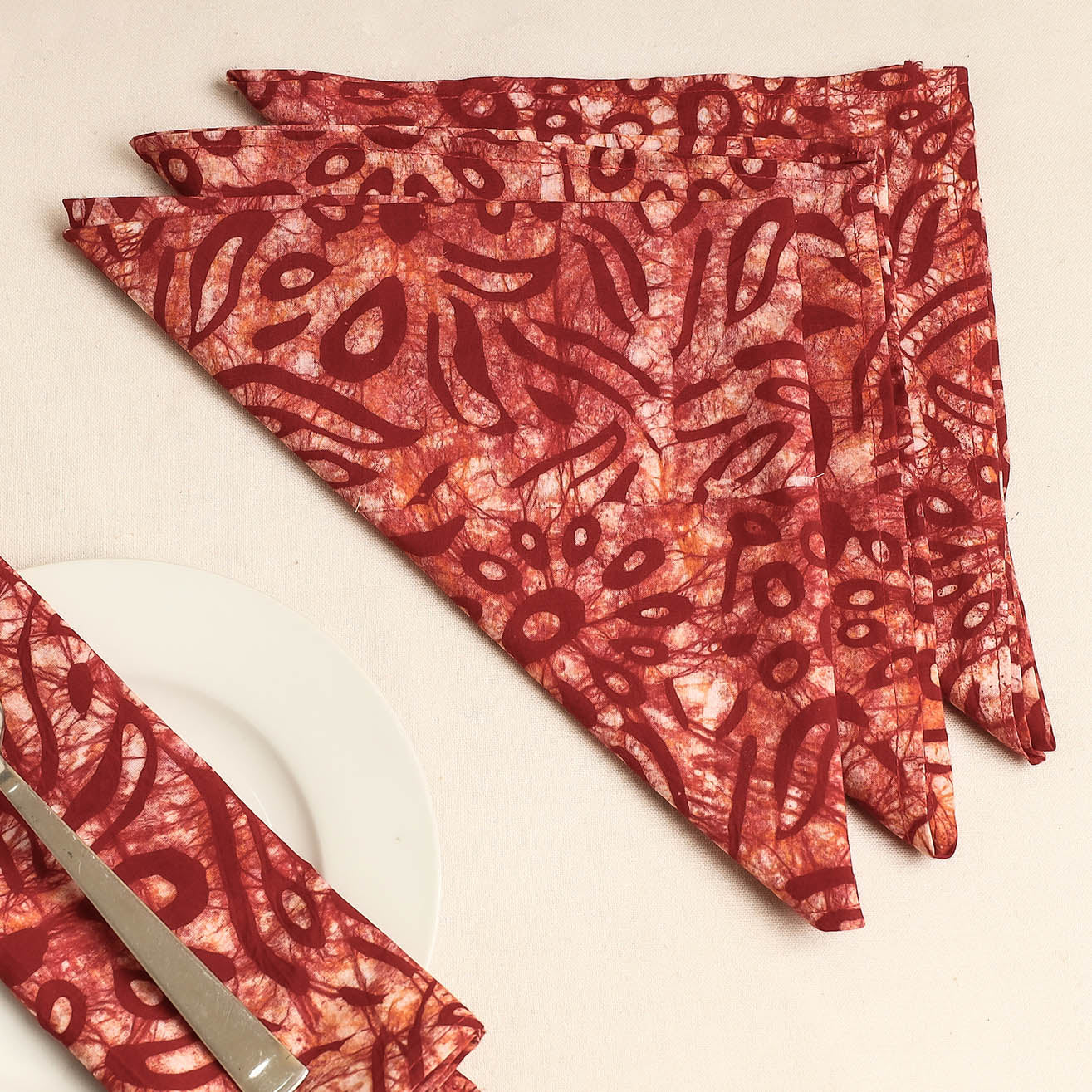 Set of 4 - Maroon Hand Batik Printed Cotton Table Napkins