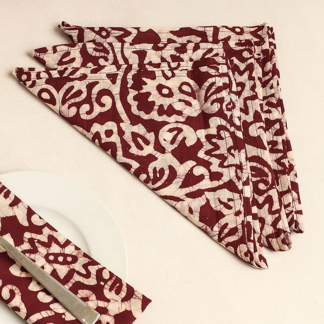 Set of 4 - Maroon Hand Batik Printed Cotton Table Napkins