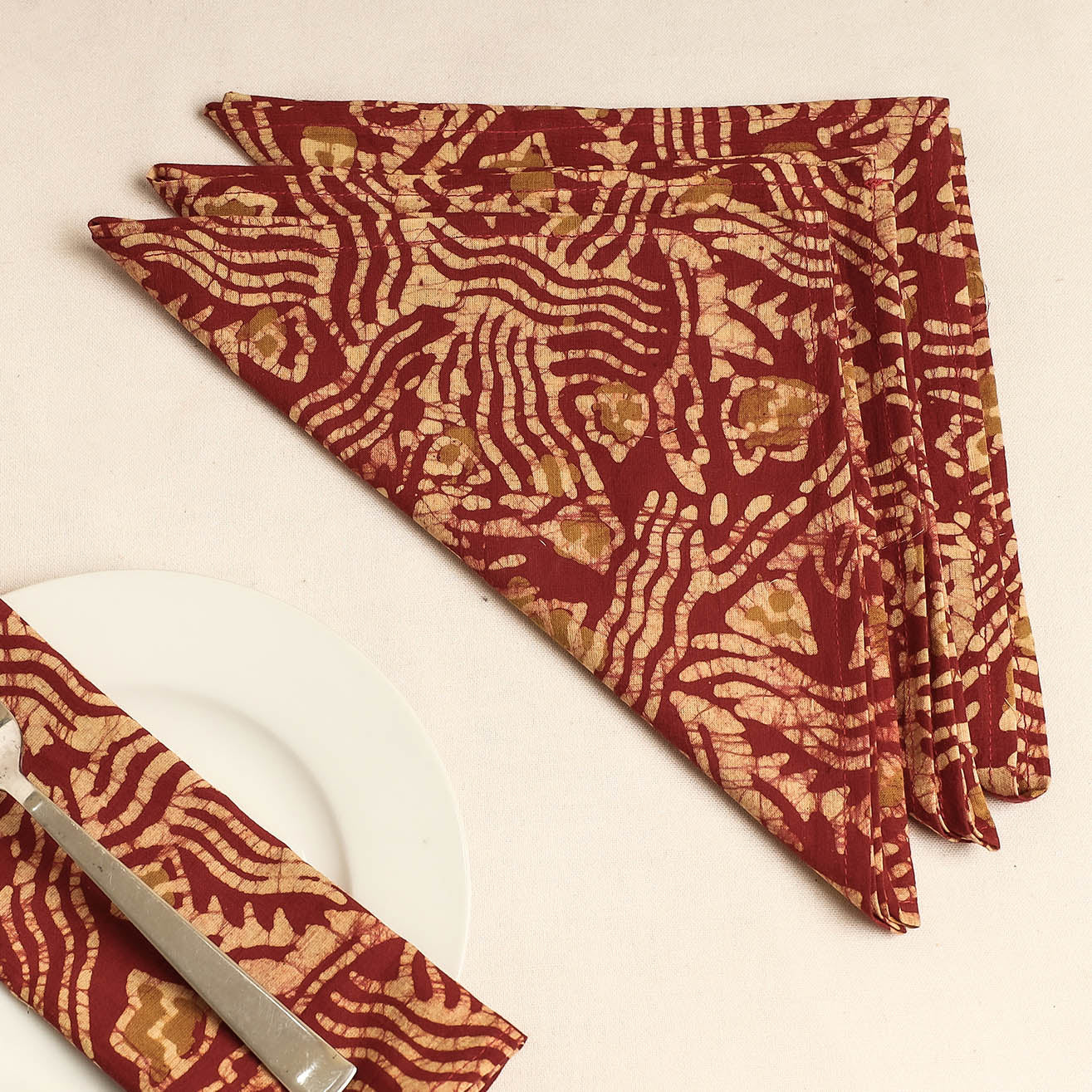 Set of 4 - Maroon Hand Batik Printed Cotton Table Napkins