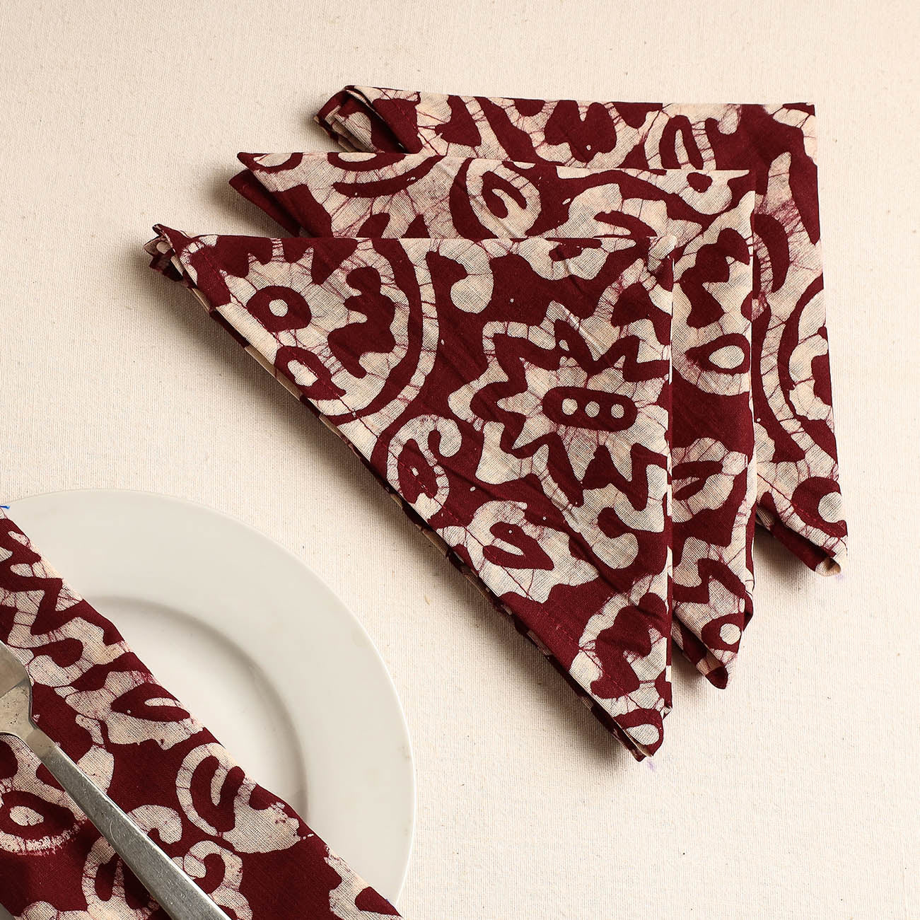  Maroon Set of 4 - Hand Batik Printed Cotton Table Napkins