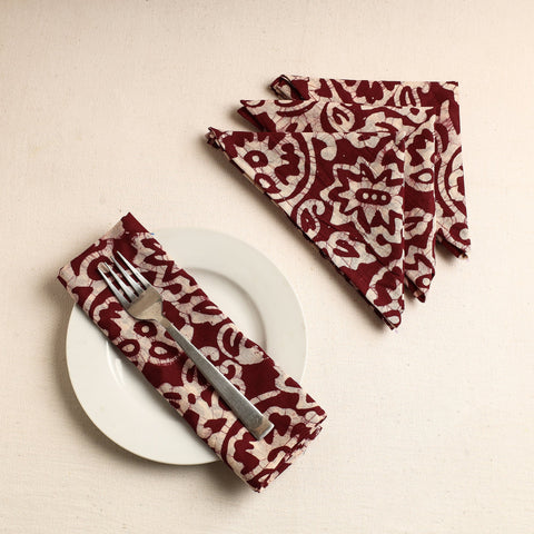  Maroon Set of 4 - Hand Batik Printed Cotton Table Napkins