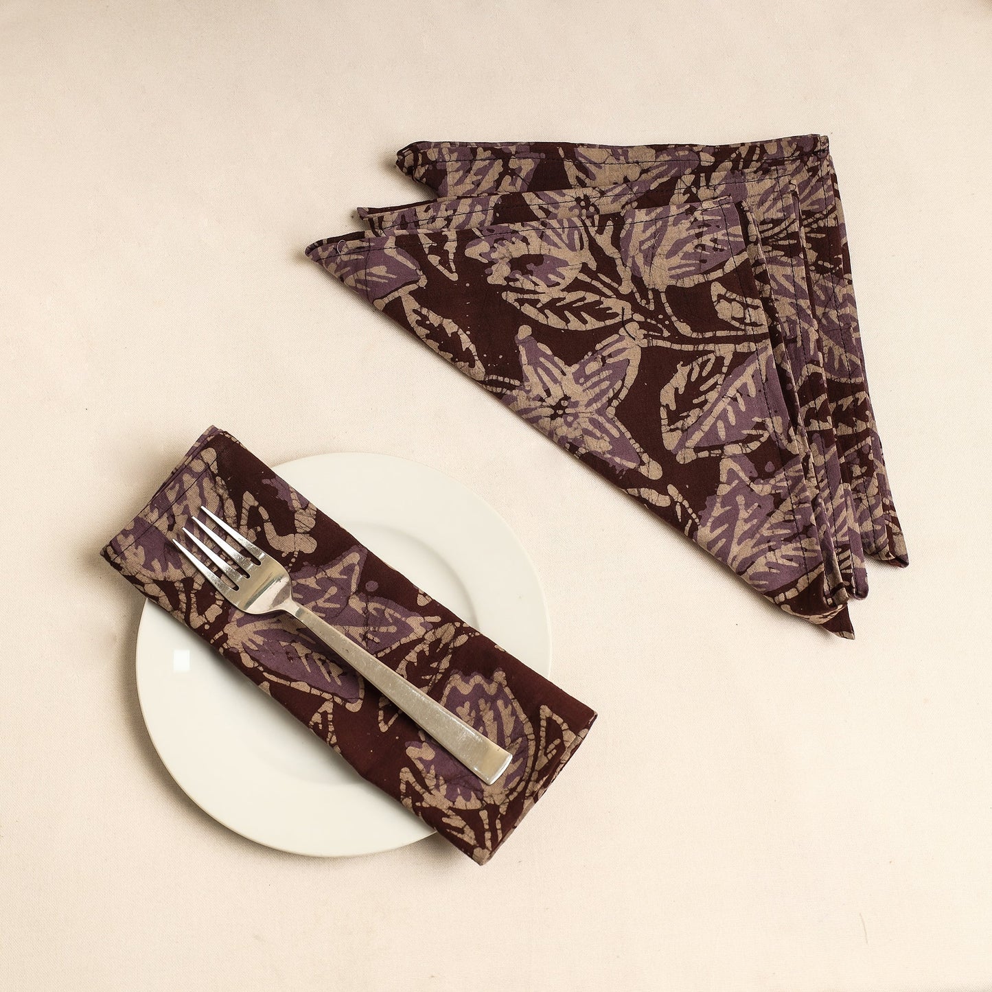 Set of 4 - Maroon Hand Batik Printed Cotton Table Napkins