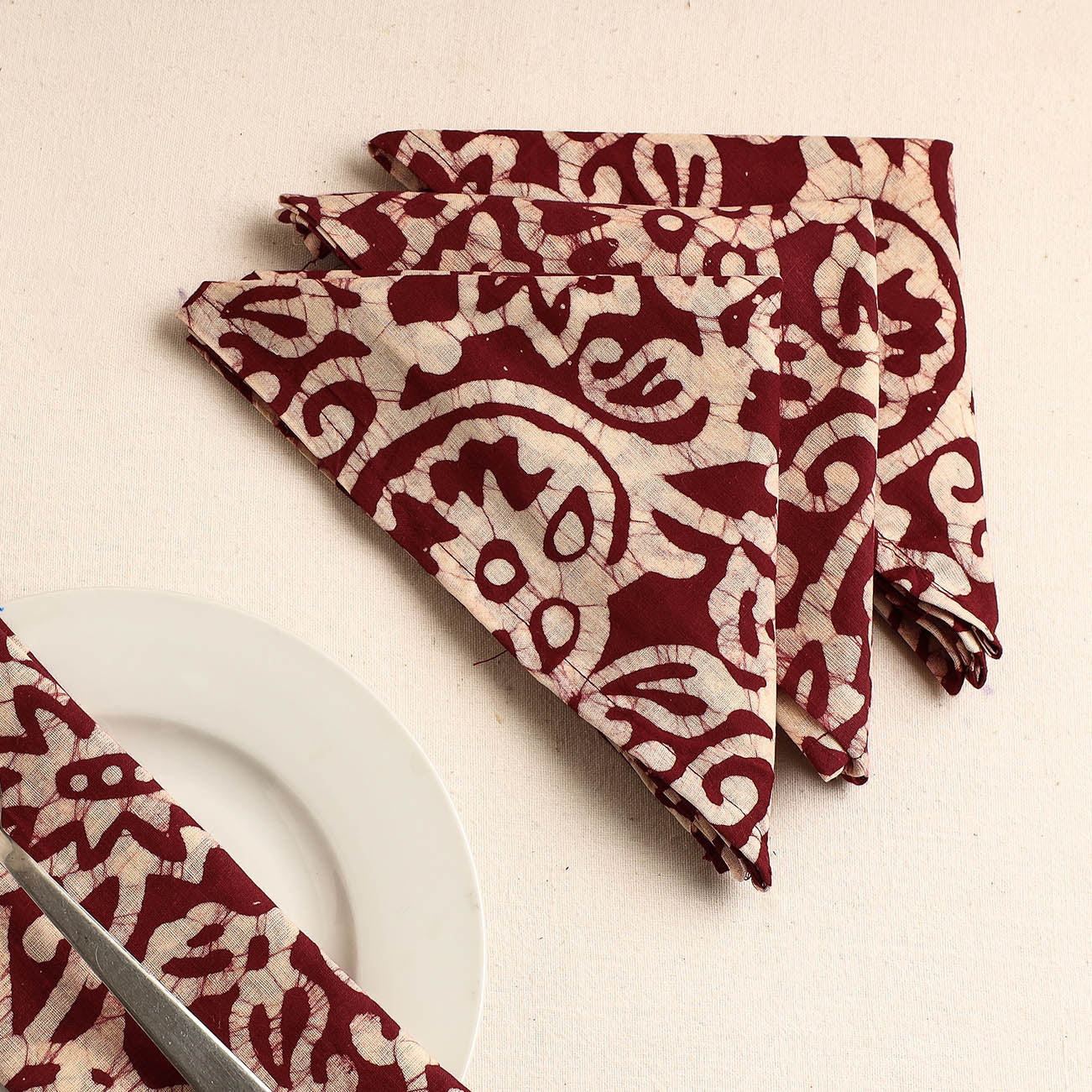 Set of 4 - Maroon Hand Batik Printed Cotton Table Napkins