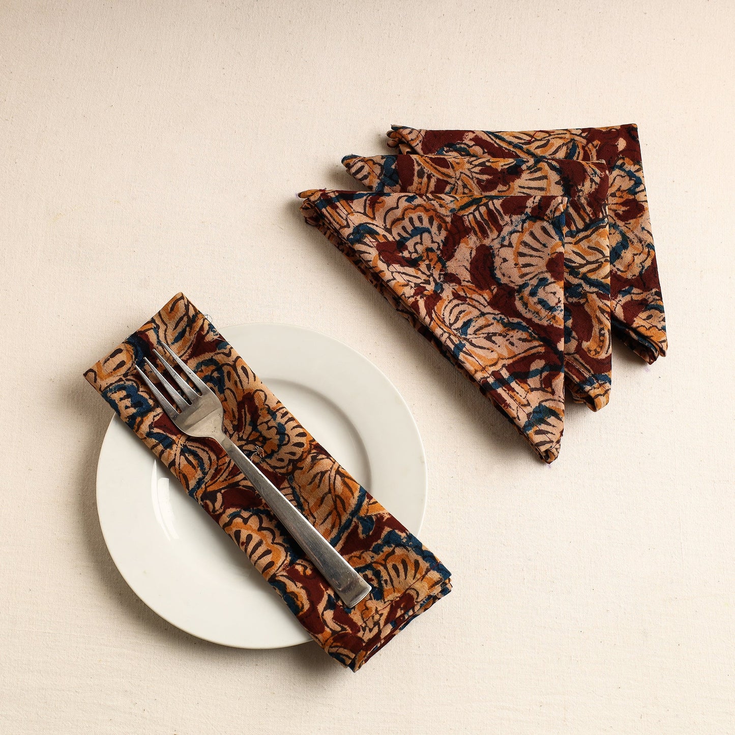 Set of 4 - Maroon Kalamkari Block Printed Cotton Table Napkins