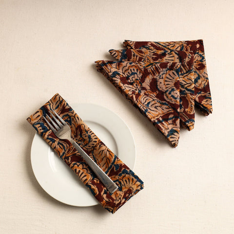 Set of 4 - Maroon Kalamkari Block Printed Cotton Table Napkins