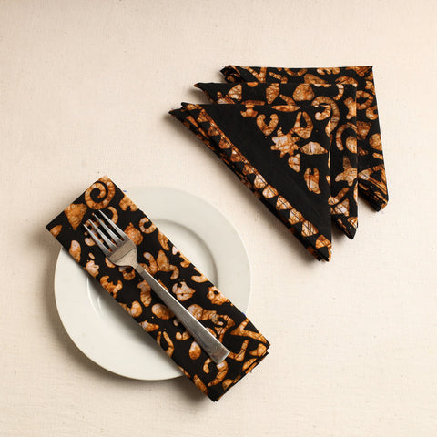 Set of 4 - Orange Hand Batik Printed Cotton Table Napkins