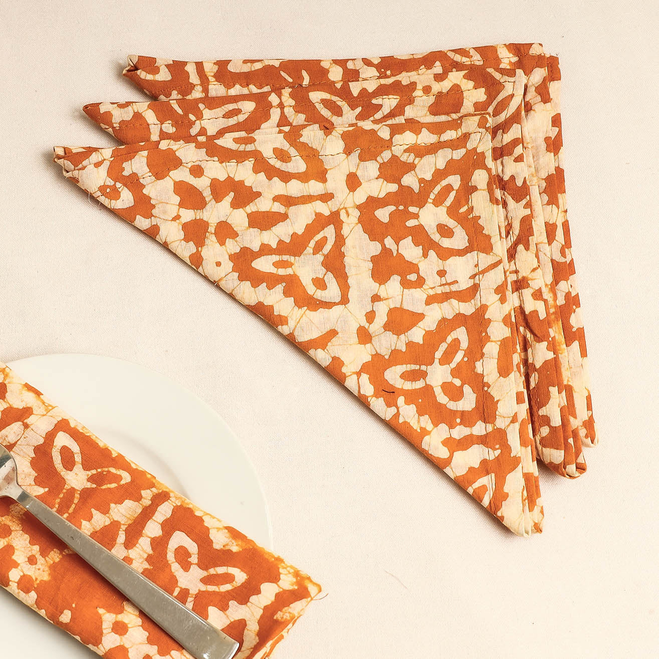 Set of 4 - Orange Hand Batik Printed Cotton Table Napkins