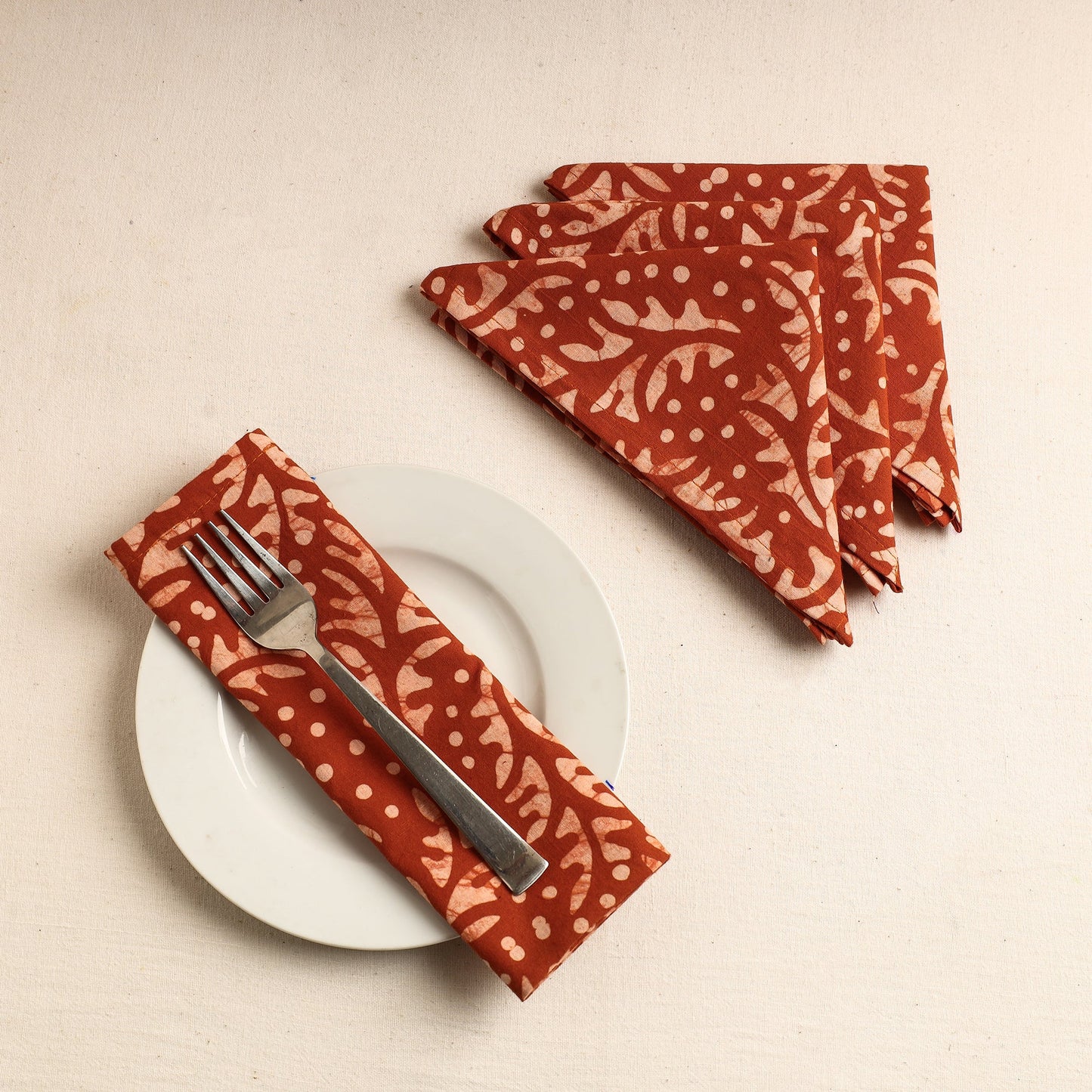 Set of 4 - Orange Hand Batik Printed Cotton Table Napkins
