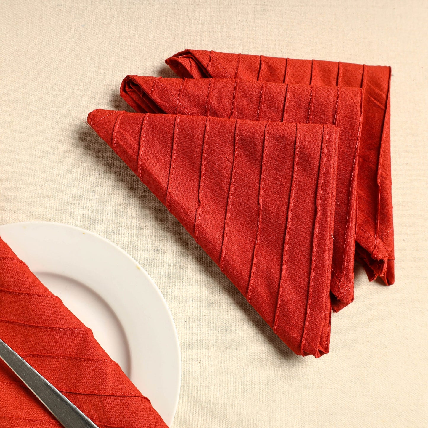  Set of 4 - Orange Pintuck Plain Cotton Table Napkins (18 x 18 in) 26