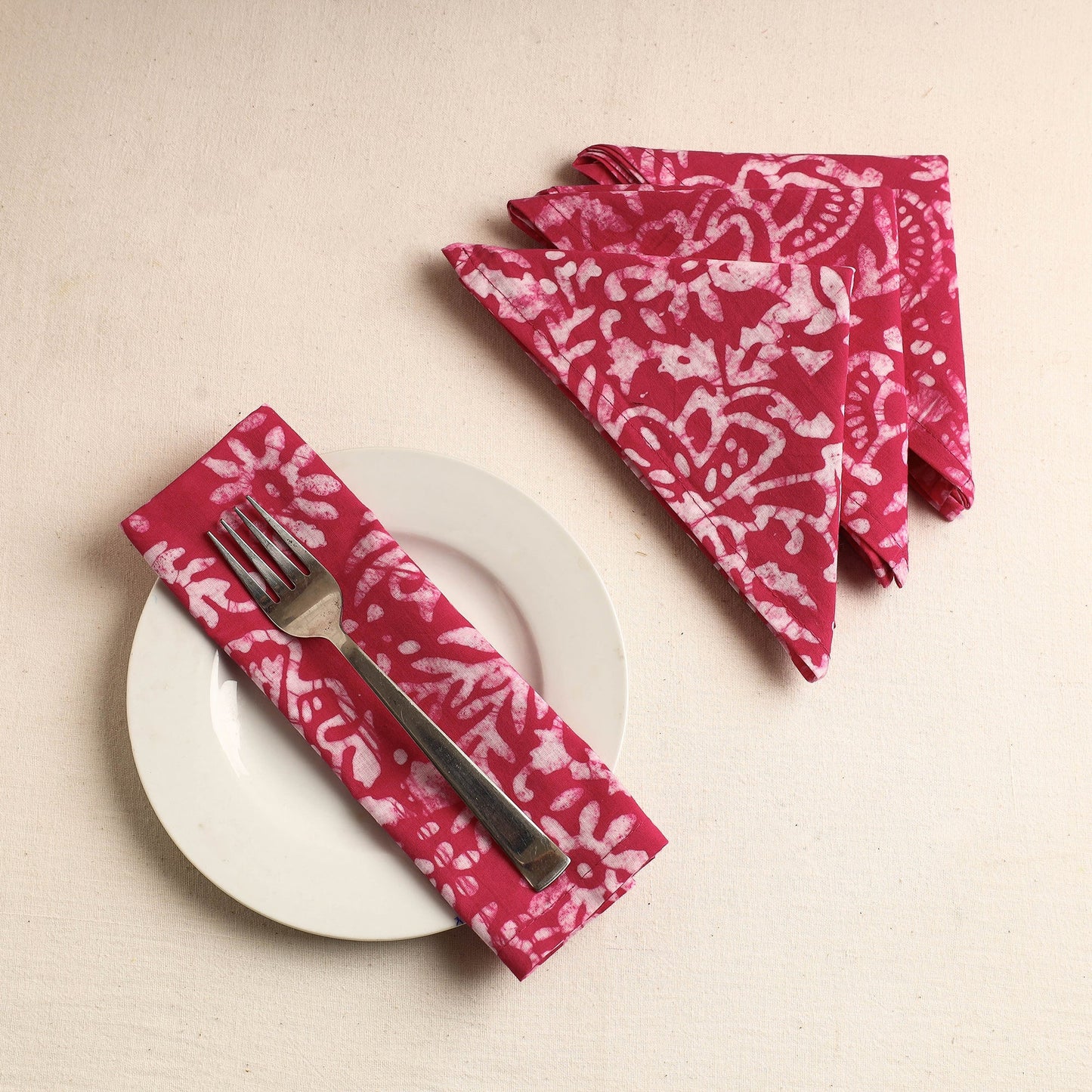 Set of 4 - Pink Hand Batik Printed Cotton Table Napkins
