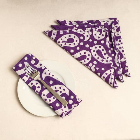 Set of 4 - Purple Hand Batik Printed Cotton Table Napkins