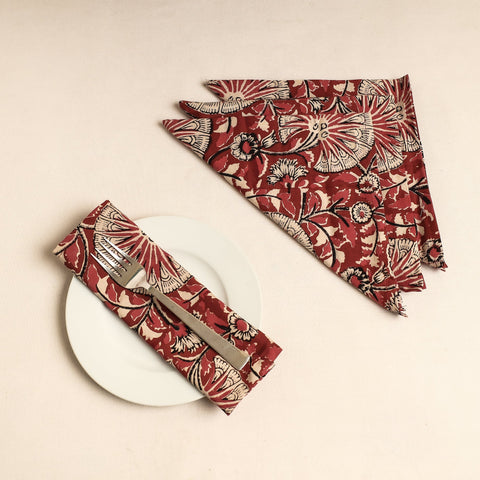 Set of 4 - Red Bagru Block Printed Cotton Table Napkins