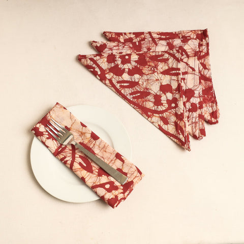 Set of 4 - Red Hand Batik Printed Cotton Table Napkins