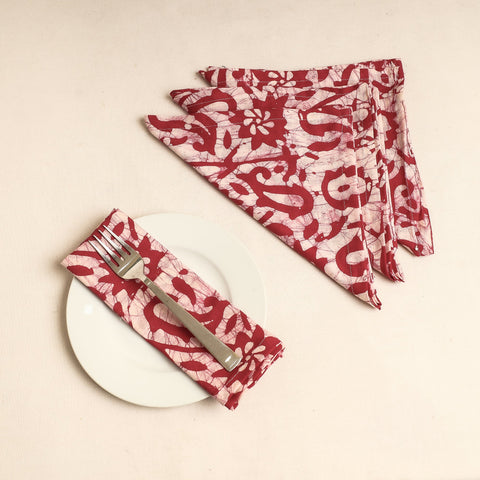 Set of 4 - Red Hand Batik Printed Cotton Table Napkins