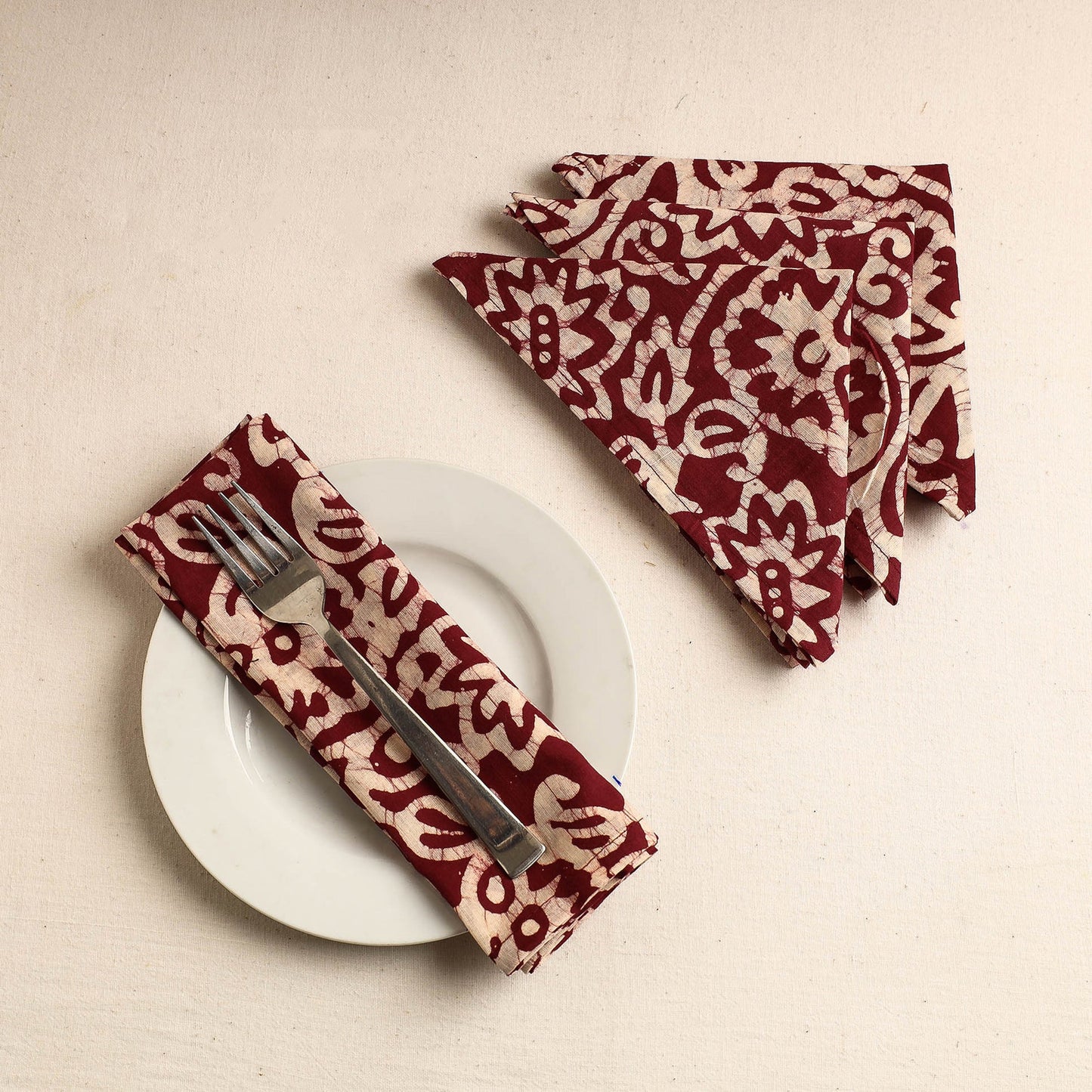 Set of 4 - Red Hand Batik Printed Cotton Table Napkins